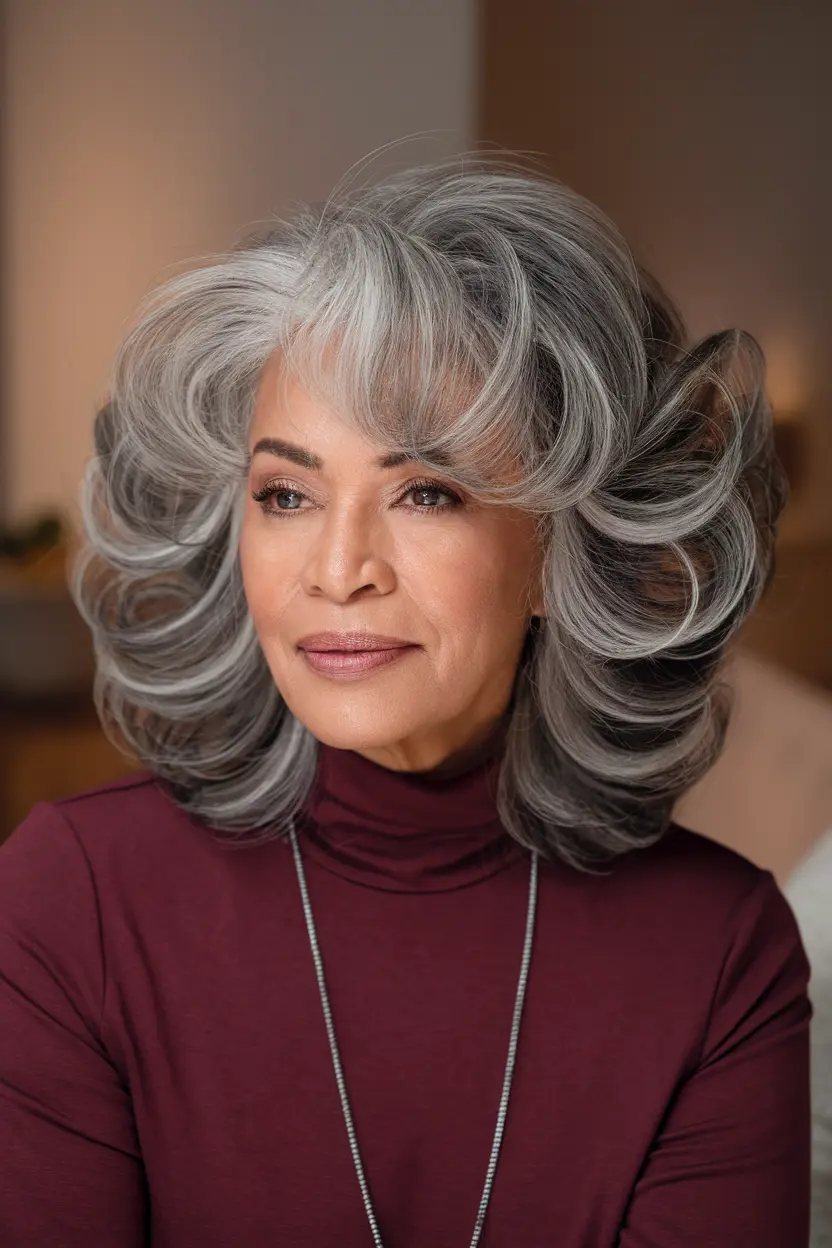40 Trendy Hairstyles for Women Over 50 with Round Faces 21 11. Voluminous Gray Curls