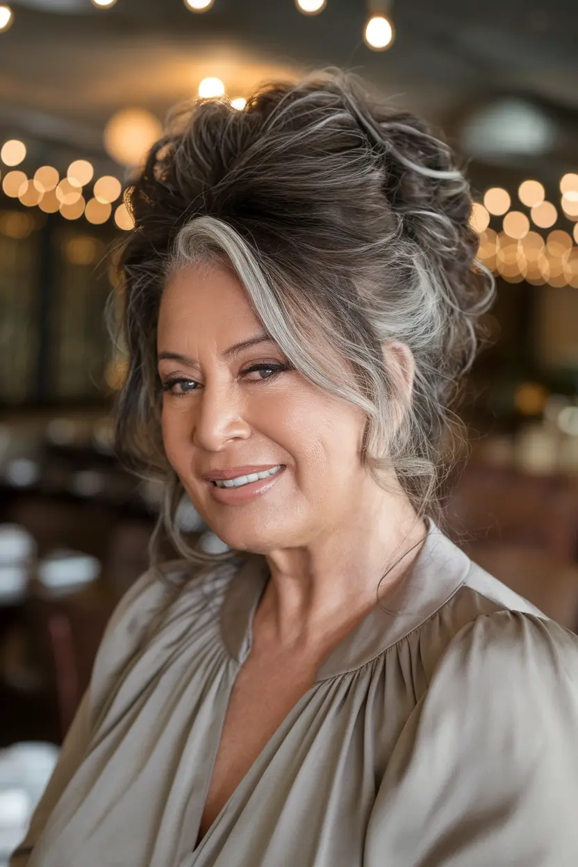 40 Trendy Hairstyles for Women Over 50 with Round Faces 25 13. Voluminous Updo