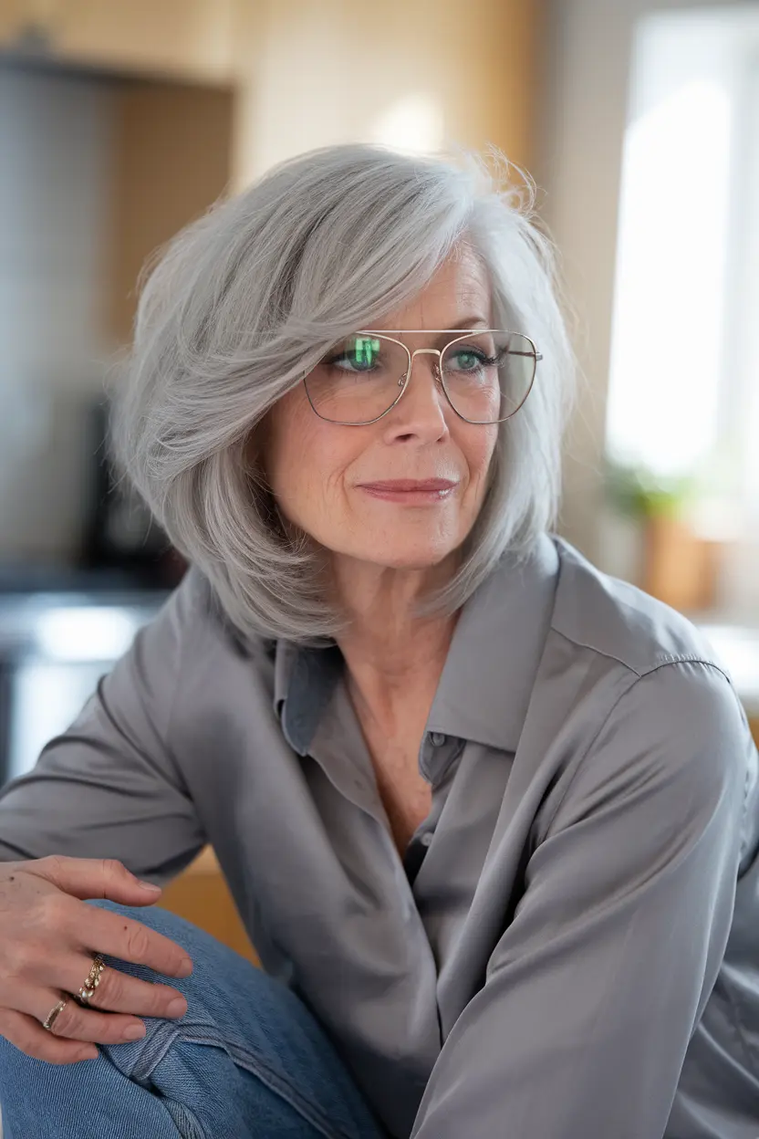 Best Hairstyles for Women Over 70 with Glasses 27 14. Textured Bob with Side Part
