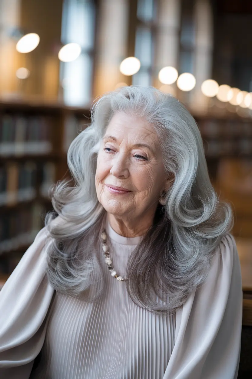 40 Trendy Hairstyles for Women Over 50 with Round Faces 35 18. Long Silver Waves