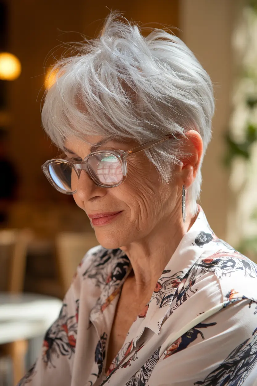 Best Hairstyles for Women Over 70 with Glasses 3 2. Wispy Pixie Cu