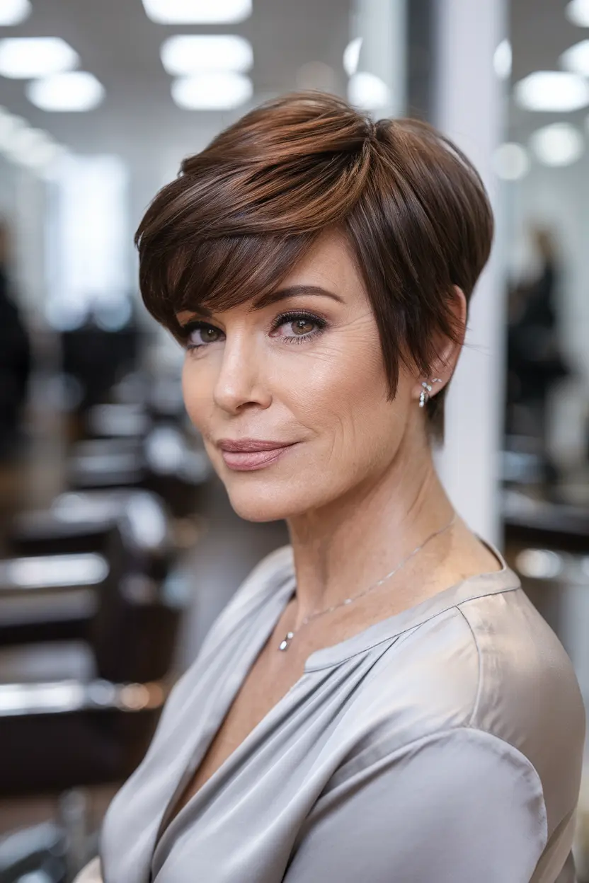 40 Trendy Hairstyles for Women Over 50 with Round Faces 43 22. Pixie with Bangs