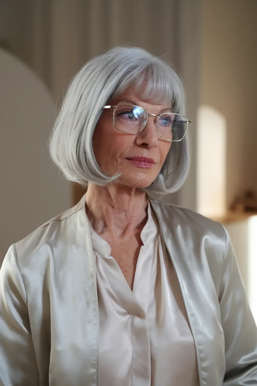 Best Hairstyles for Women Over 70 with Glasses 45 23. Face Framing Silver Bob