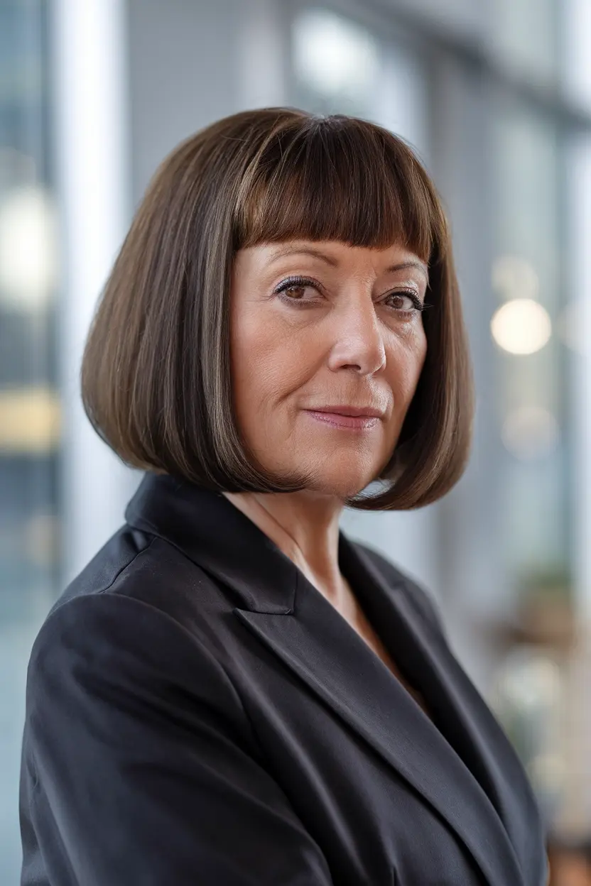 40 Trendy Hairstyles for Women Over 50 with Round Faces 47 24. Bob with Blunt Bangs