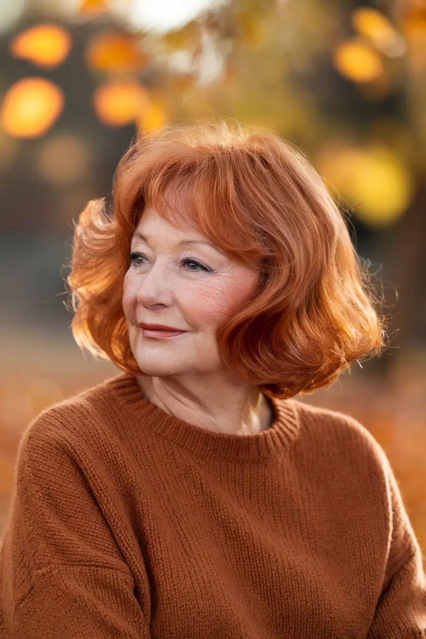 40 Trendy Hairstyles for Women Over 50 with Round Faces 49 25. Wavy Copper Bob