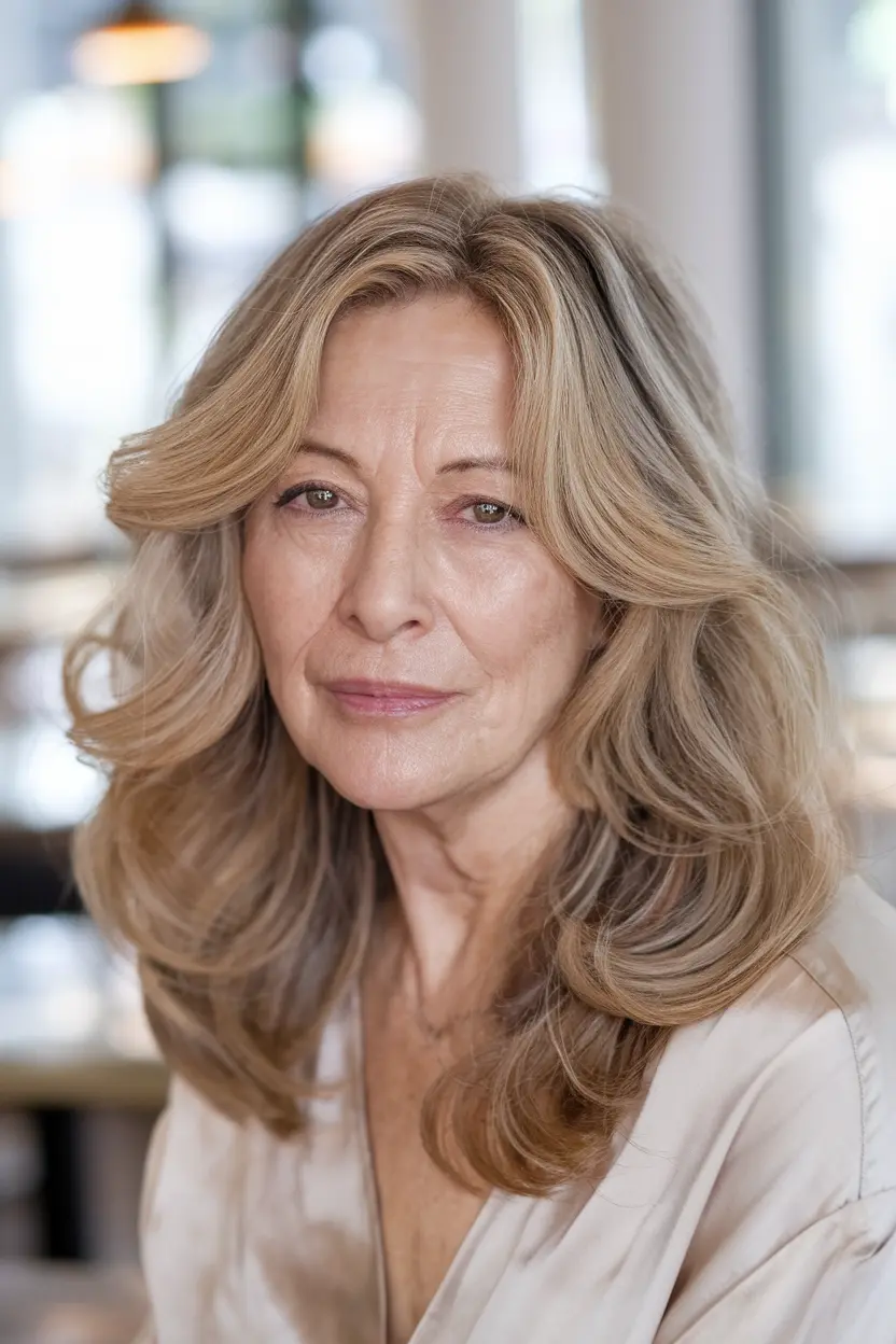 40 Trendy Hairstyles for Women Over 50 with Round Faces 53 27. Waves with Center Part