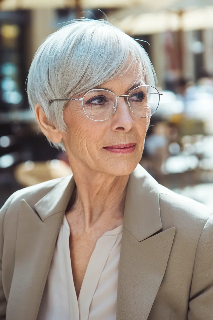 Best Hairstyles for Women Over 70 with Glasses 55 28. Straight Pixie with Side Parted Fringe