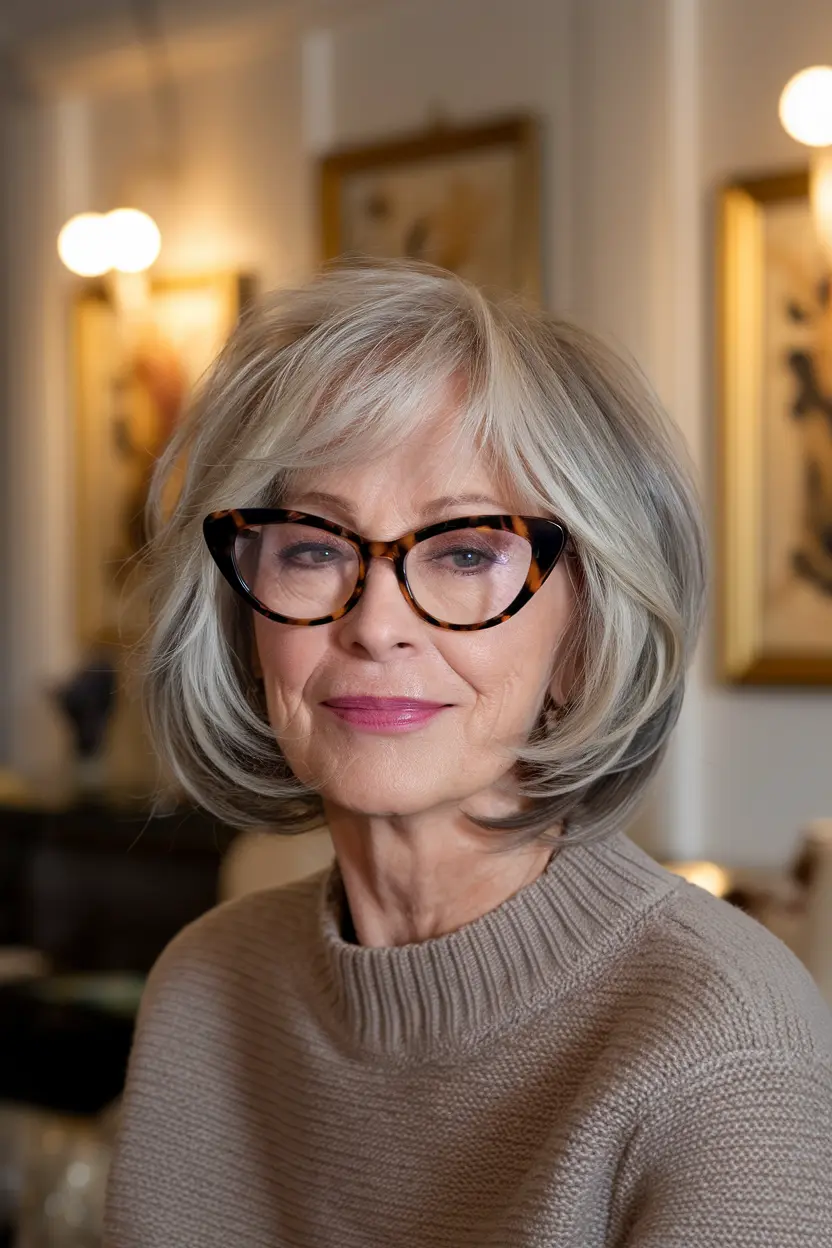 Best Hairstyles for Women Over 70 with Glasses 5 3. Salt and Pepper Layered Bob