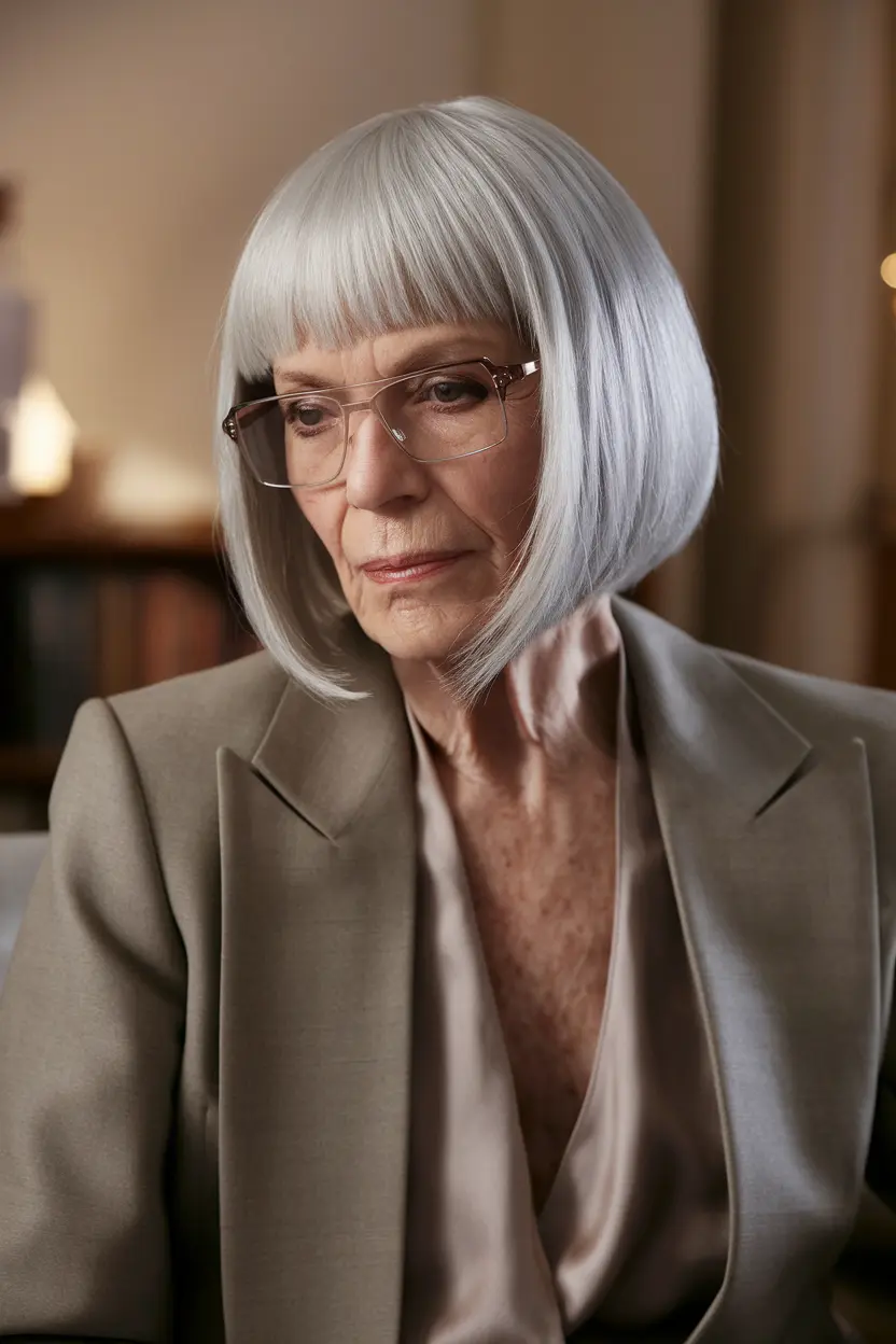 Best Hairstyles for Women Over 70 with Glasses 71 36. Blunt Cut Bob