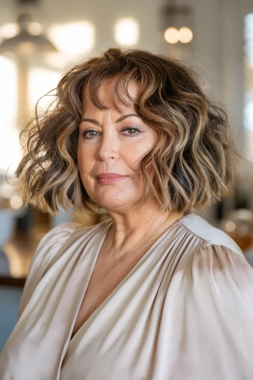 40 Trendy Hairstyles for Women Over 50 with Round Faces 73 37. Curly Lob with Curtain Bangs