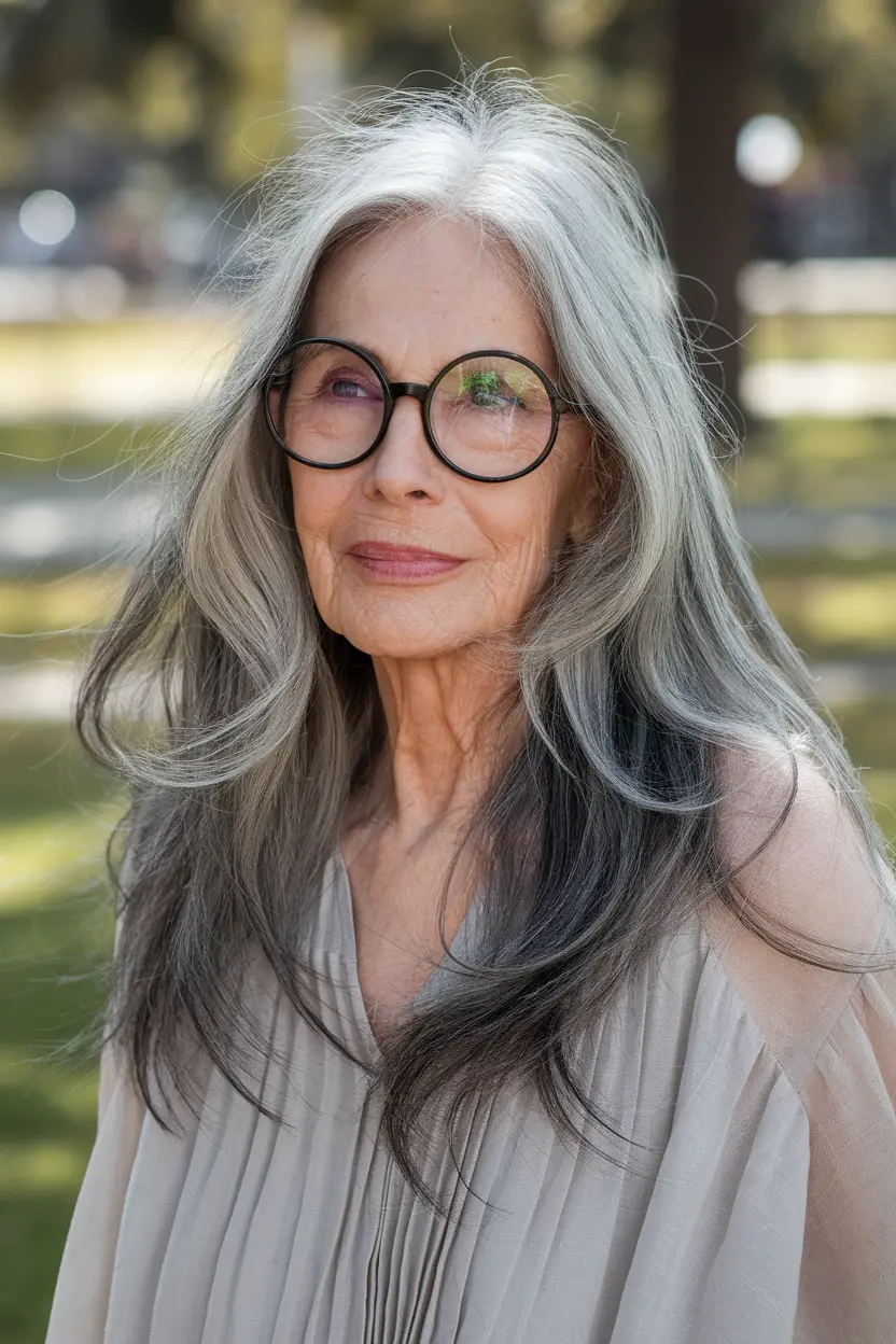 Best Hairstyles for Women Over 70 with Glasses 77 39. Long Gray Waves