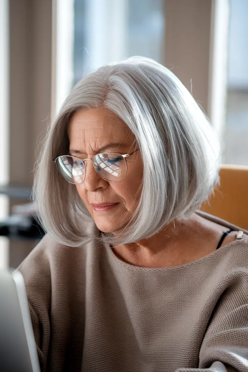 40 Trendy Hairstyles for Women Over 50 with Round Faces 11 6. Silver Bob with Glasses