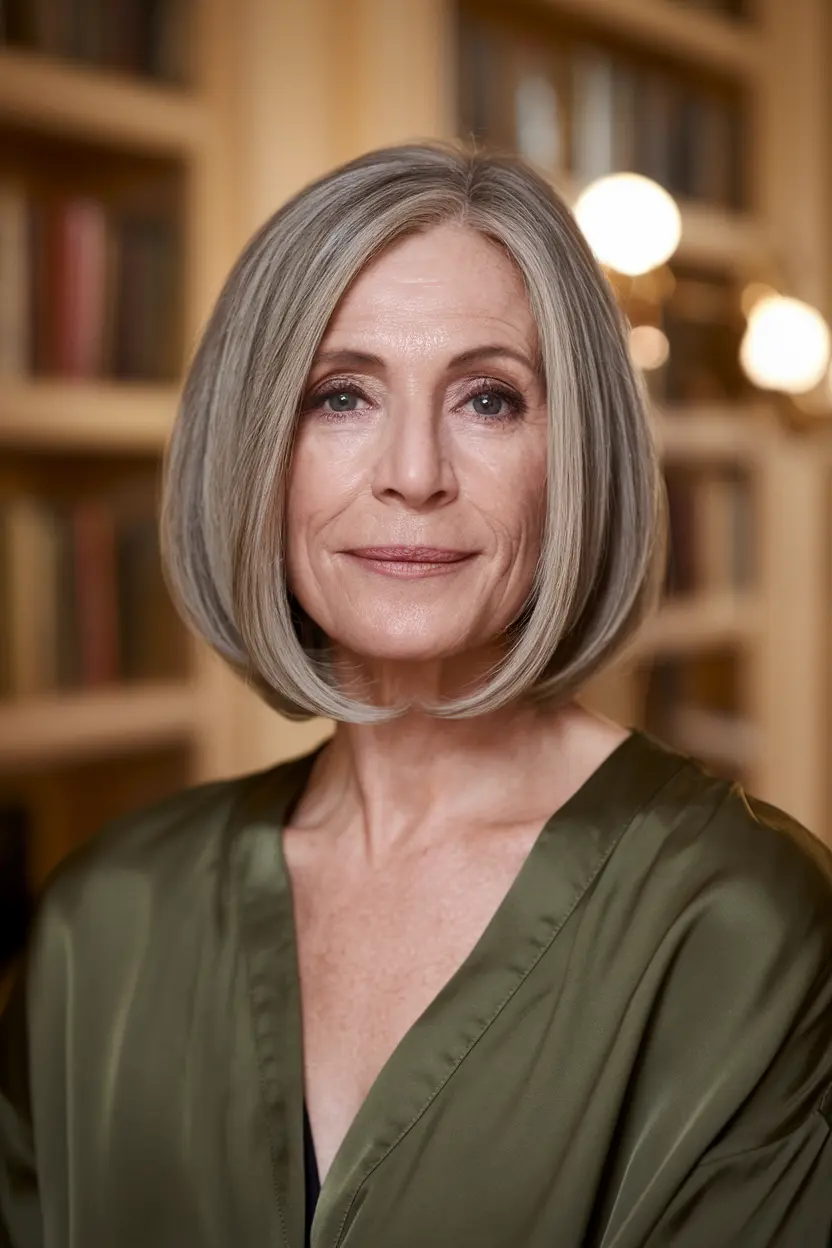 40 Trendy Hairstyles for Women Over 50 with Round Faces 15 8. Chin Length Bob with Bangs