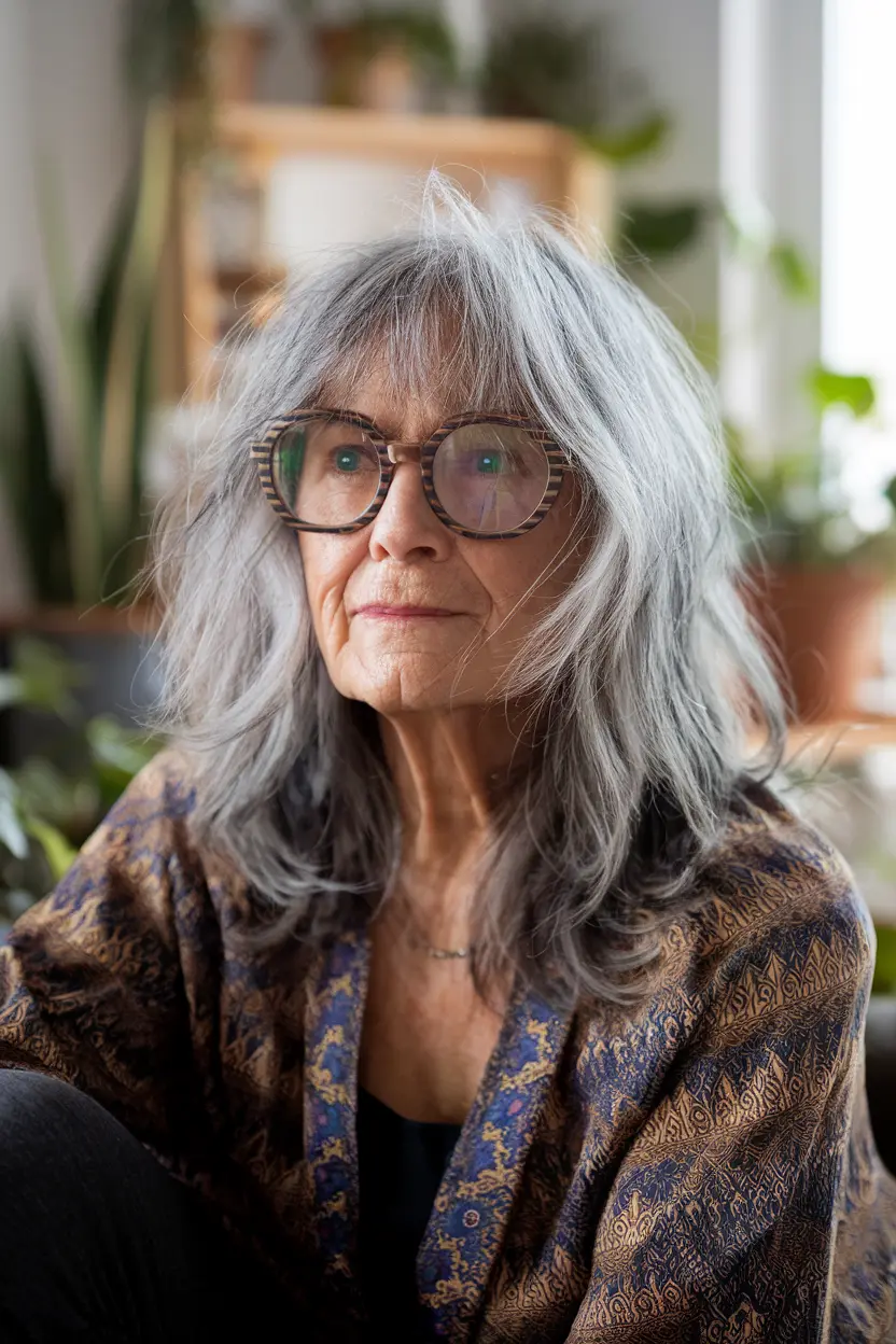 Best Hairstyles for Women Over 70 with Glasses 17 9. Shaggy Cut with Bangs