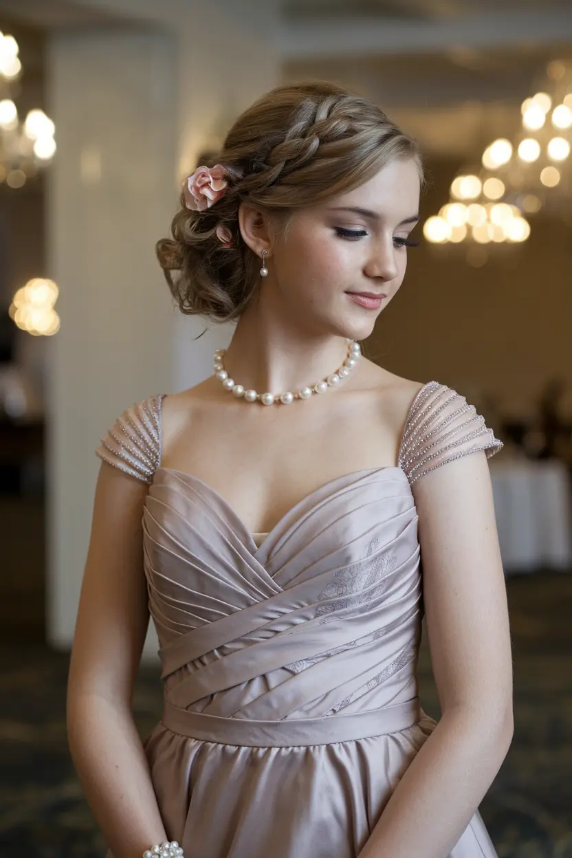 50 Cute & Trendy Prom Hairstyles for Short Hair 1 1. Low Updo with Flowers
