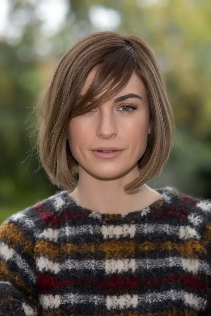 medium length shag haircuts 18. Chin Length Bob with Side Part Curtain Bangs