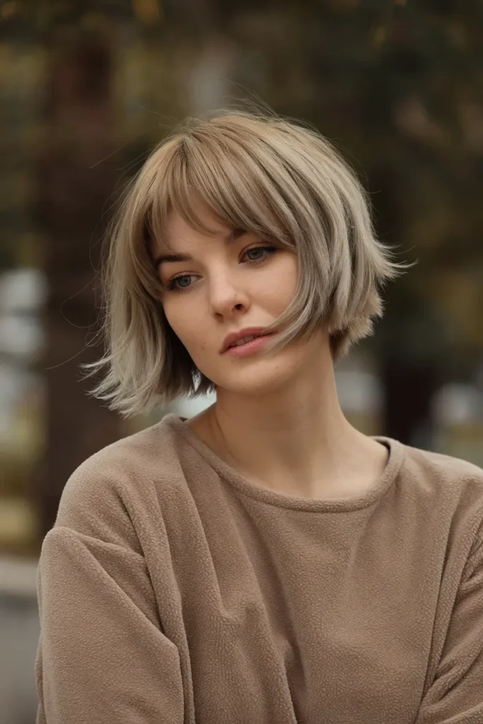 medium length shag haircuts 42. Short Bob with Feathered Curtain Bangs