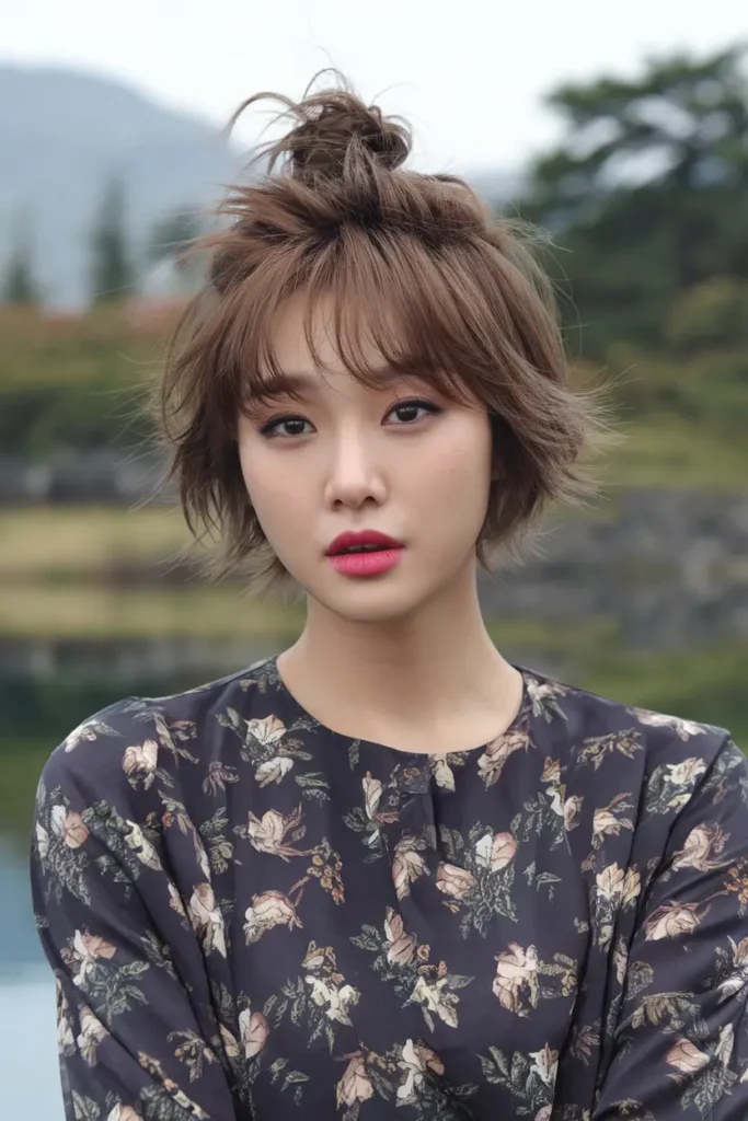 46 Best Korean Short Haircuts to try in 2025 87 44. Messy Top Knot with Wispy Bangs