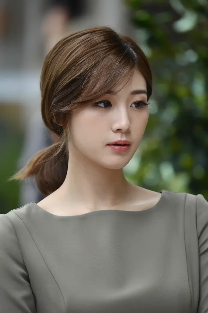 46 Best Korean Short Haircuts to try in 2025 89 45. Low Ponytail with Side Swept Bangs