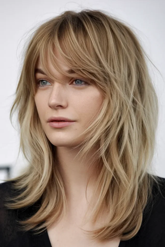 15. Butterfly Cut with Long Layered Fringe for Medium Hair