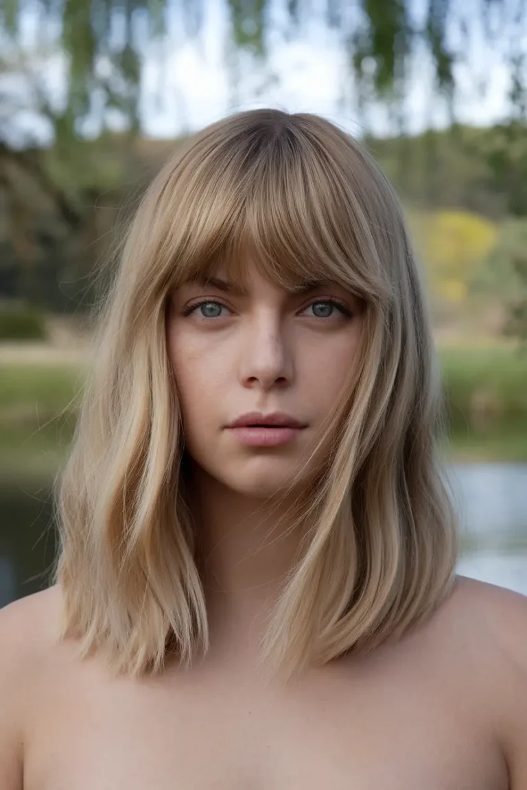 2. Blonde Balayage with Curtain Bangs