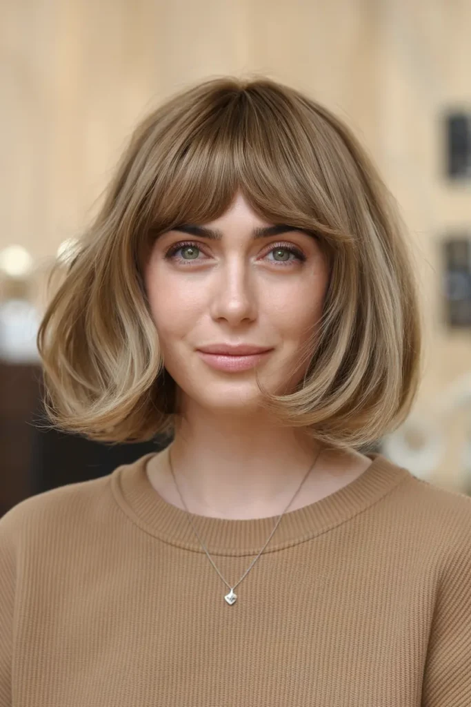 28. Blunt Bangs with Butterfly Cut for Medium Hair