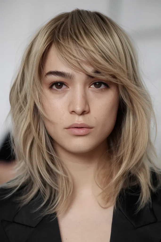 30. Bold Butterfly Haircut with Defined Layers for Medium Length