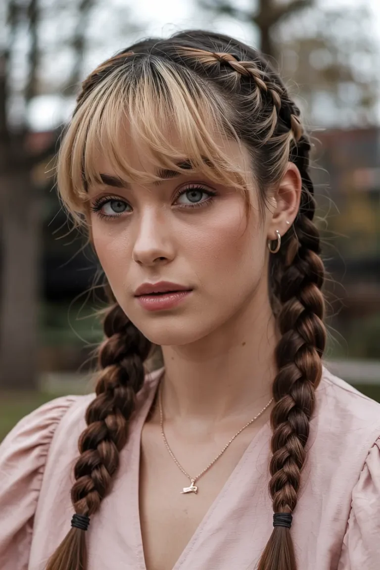 Braided Pigtails with Bangs for a Cute, Playful Look