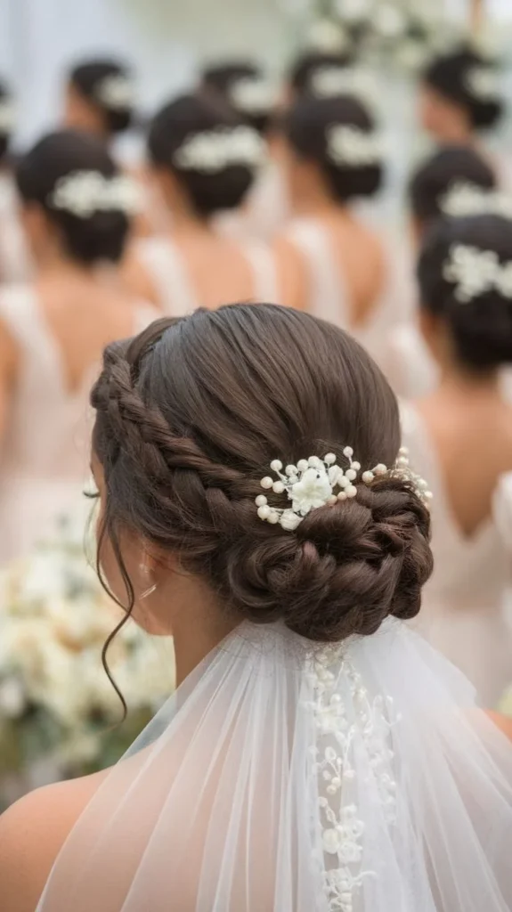 Low Braided Updo with Veil