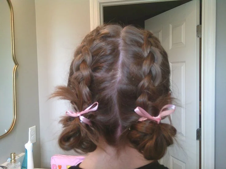 Braided Pigtail Buns with Ribbons