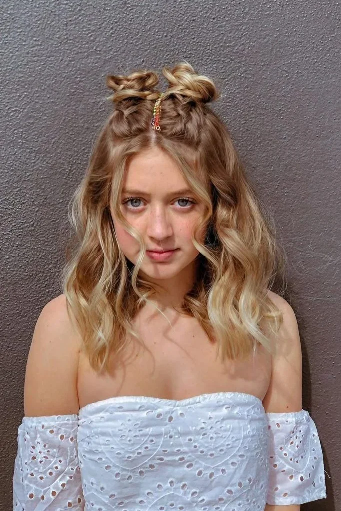 Braided Pigtail Buns with Curls