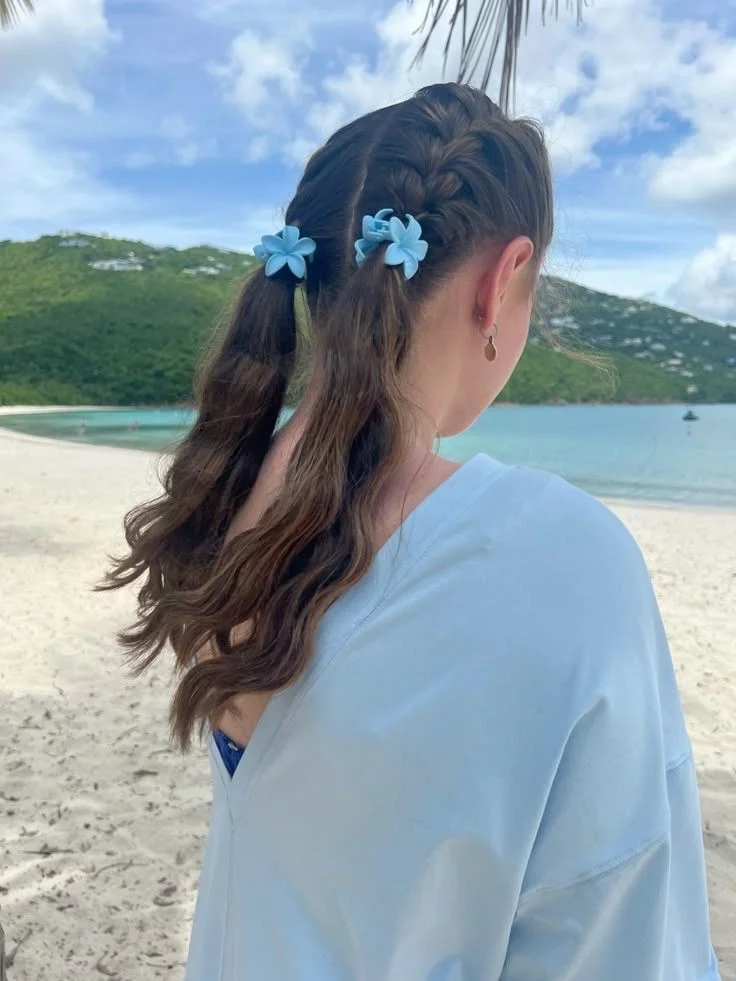 French Braid Pigtails with Flower Clips
