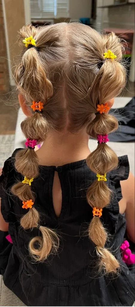 Bubble Pigtails with Flower Clips