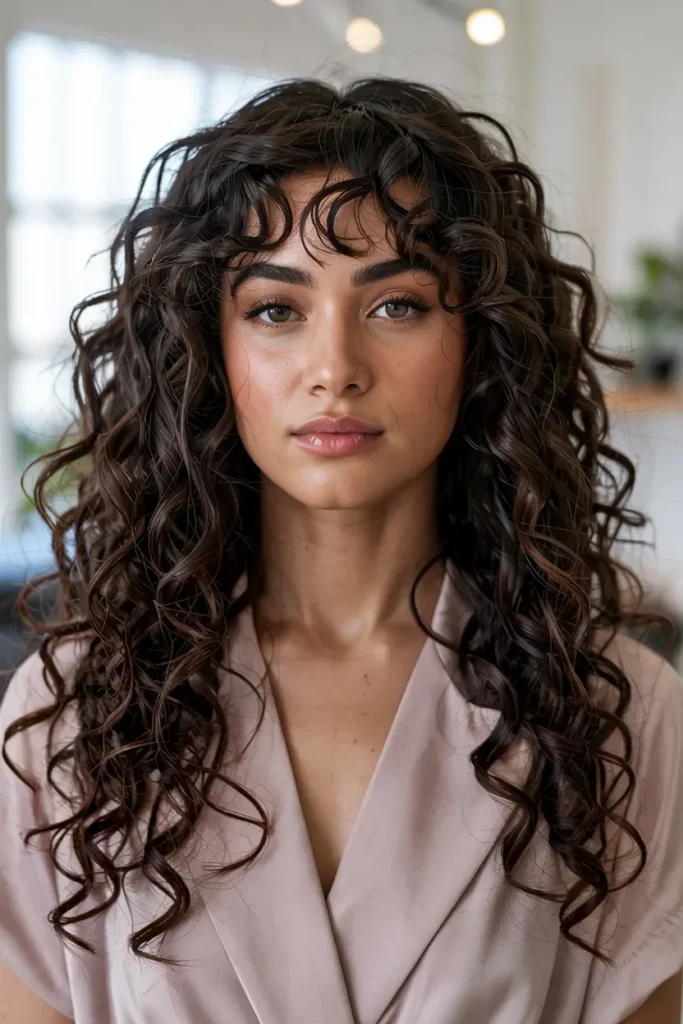 7. Long Curly Hair with Bangs