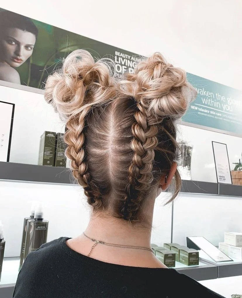High Braided Pigtail Buns