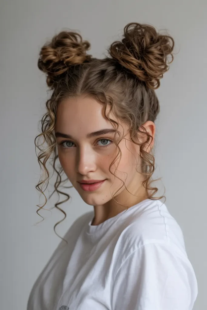 30 Easy & Stylish Hairstyles for Frizzy Hair That Actually Work 21 11. Space Buns