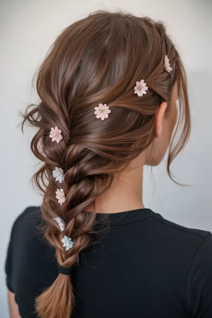14. Messy Braid with Floral Pins