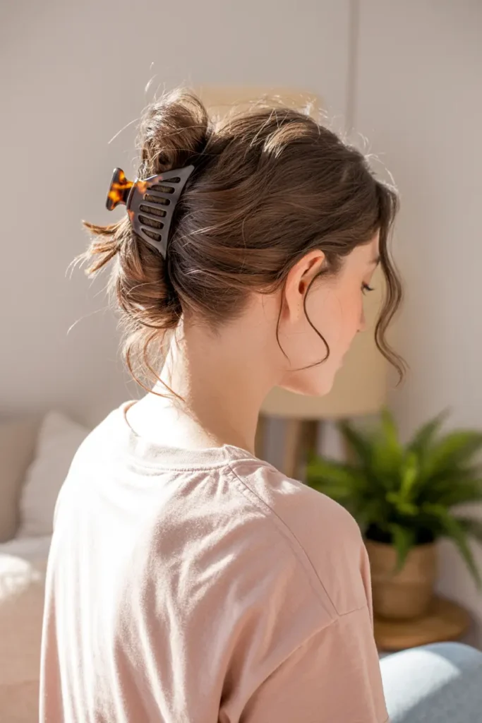 30 Easy & Stylish Hairstyles for Frizzy Hair That Actually Work 31 16. Claw Clip Twist
