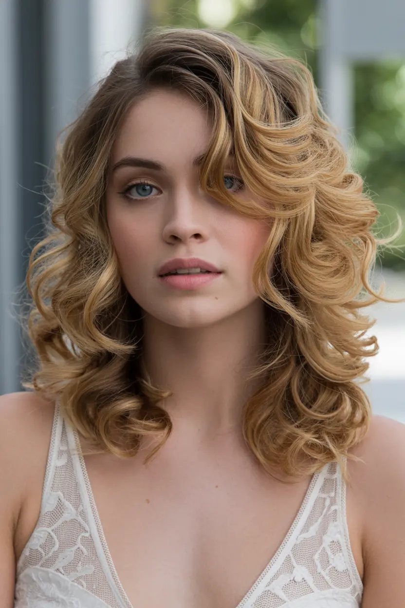 2. Deep Side Part with Loose Curls