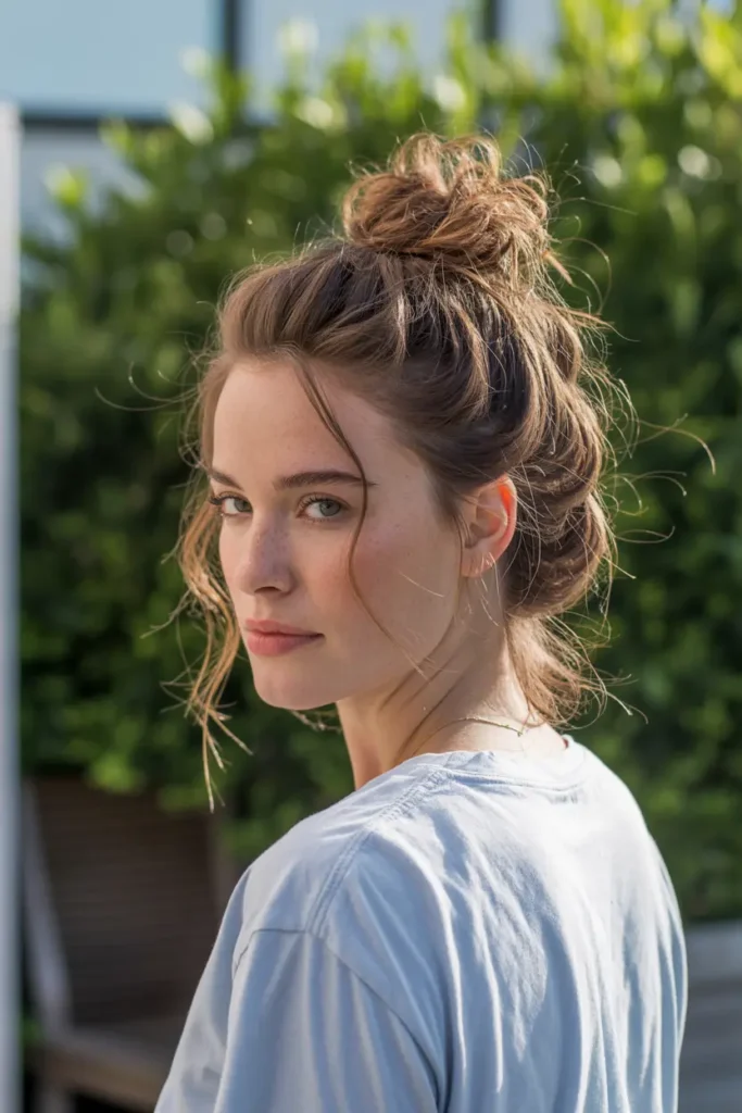 30 Easy & Stylish Hairstyles for Frizzy Hair That Actually Work 7 4. Messy Top Knot