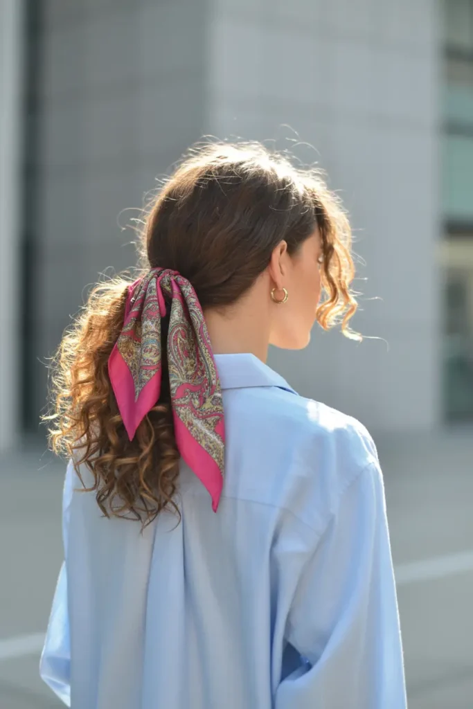 30 Easy & Stylish Hairstyles for Frizzy Hair That Actually Work 11 6. Scarf Wrapped Ponytail