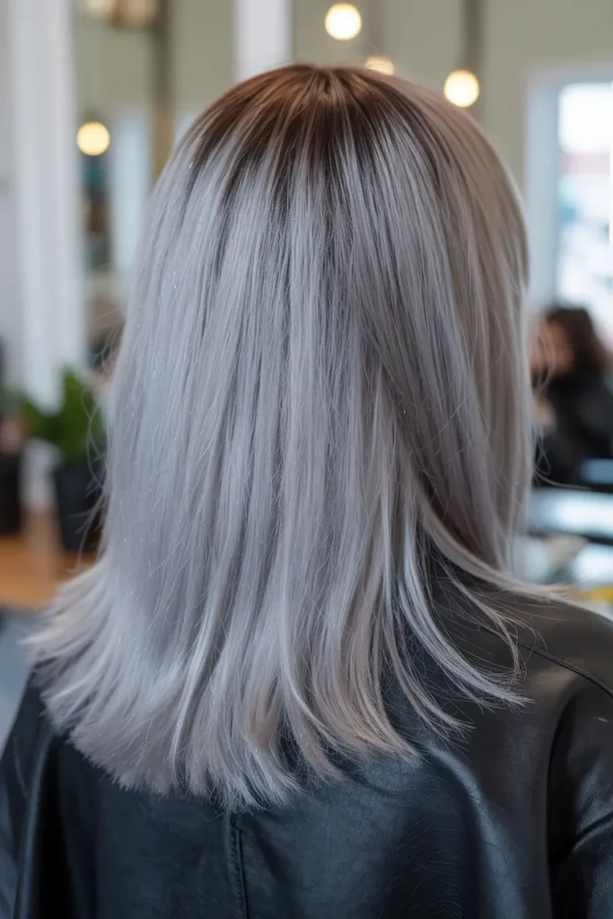 Silver Hair Color Inspiration – Bold, Bright & Beautiful Shades 15 8.Dark Root Silver Hair