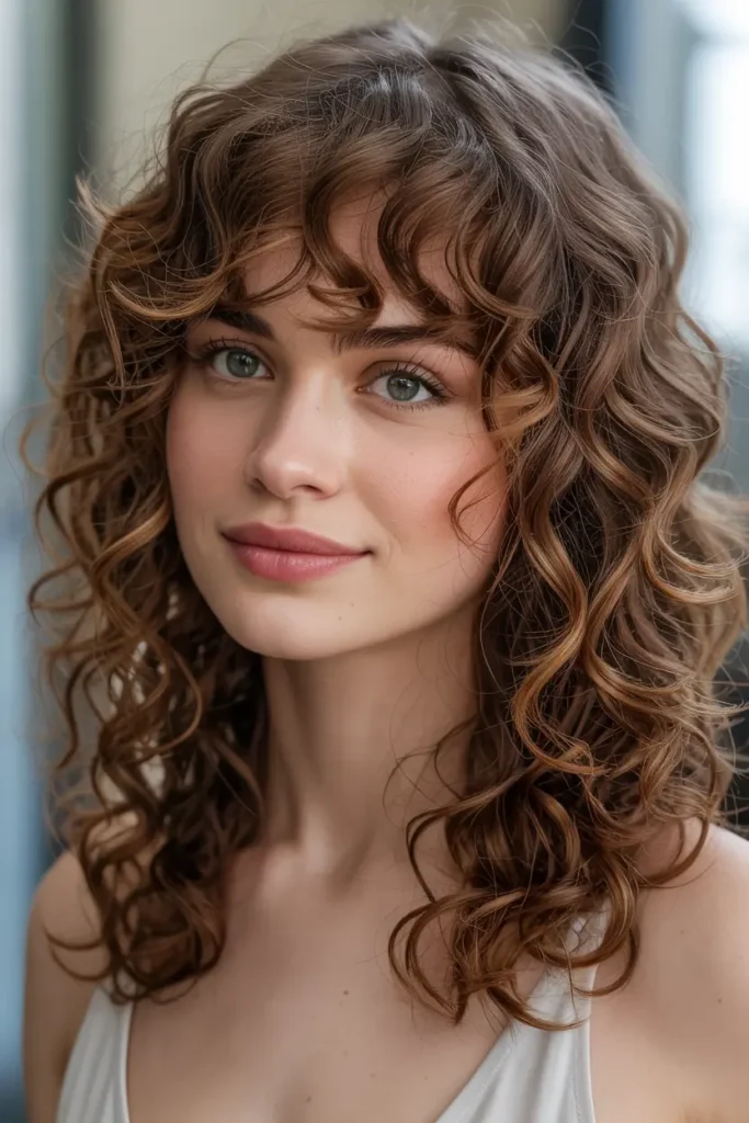 18. Curly with Side Swept Fringe