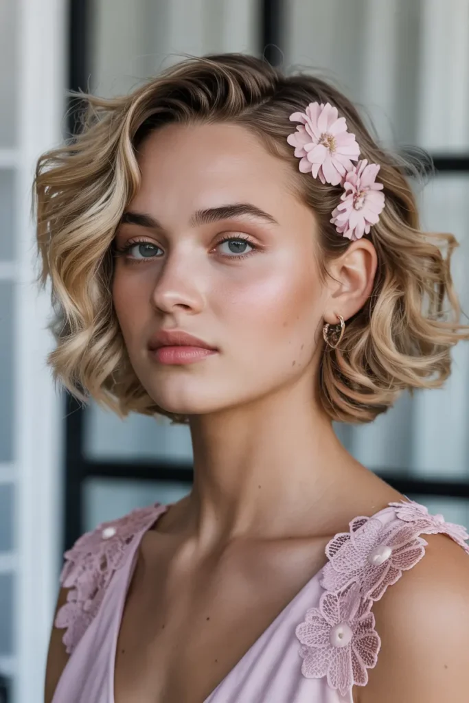 8. Short Hair with Floral Pins