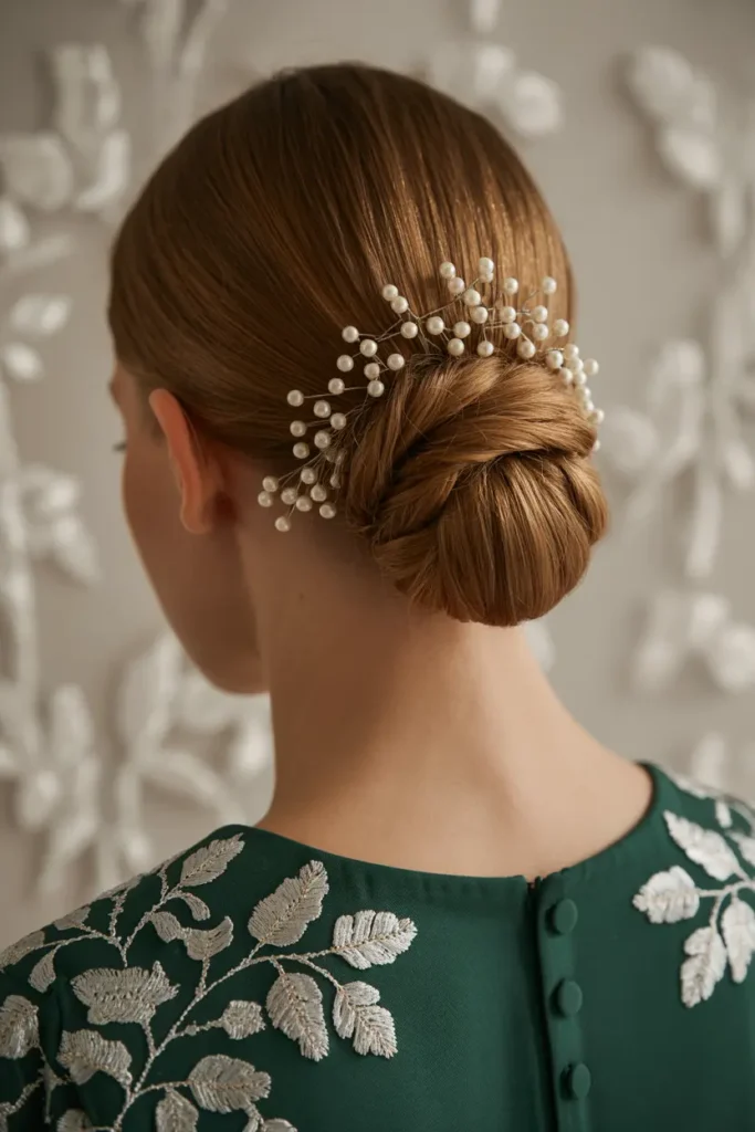 9. Low Chignon with Pearls