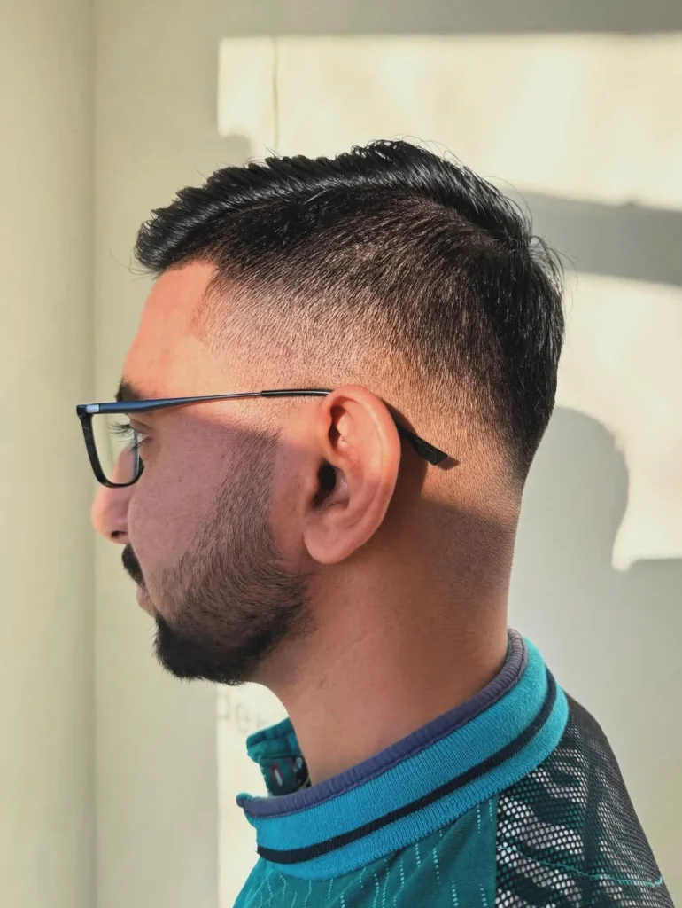 Side-Parted Fade Style with Tapered Beard